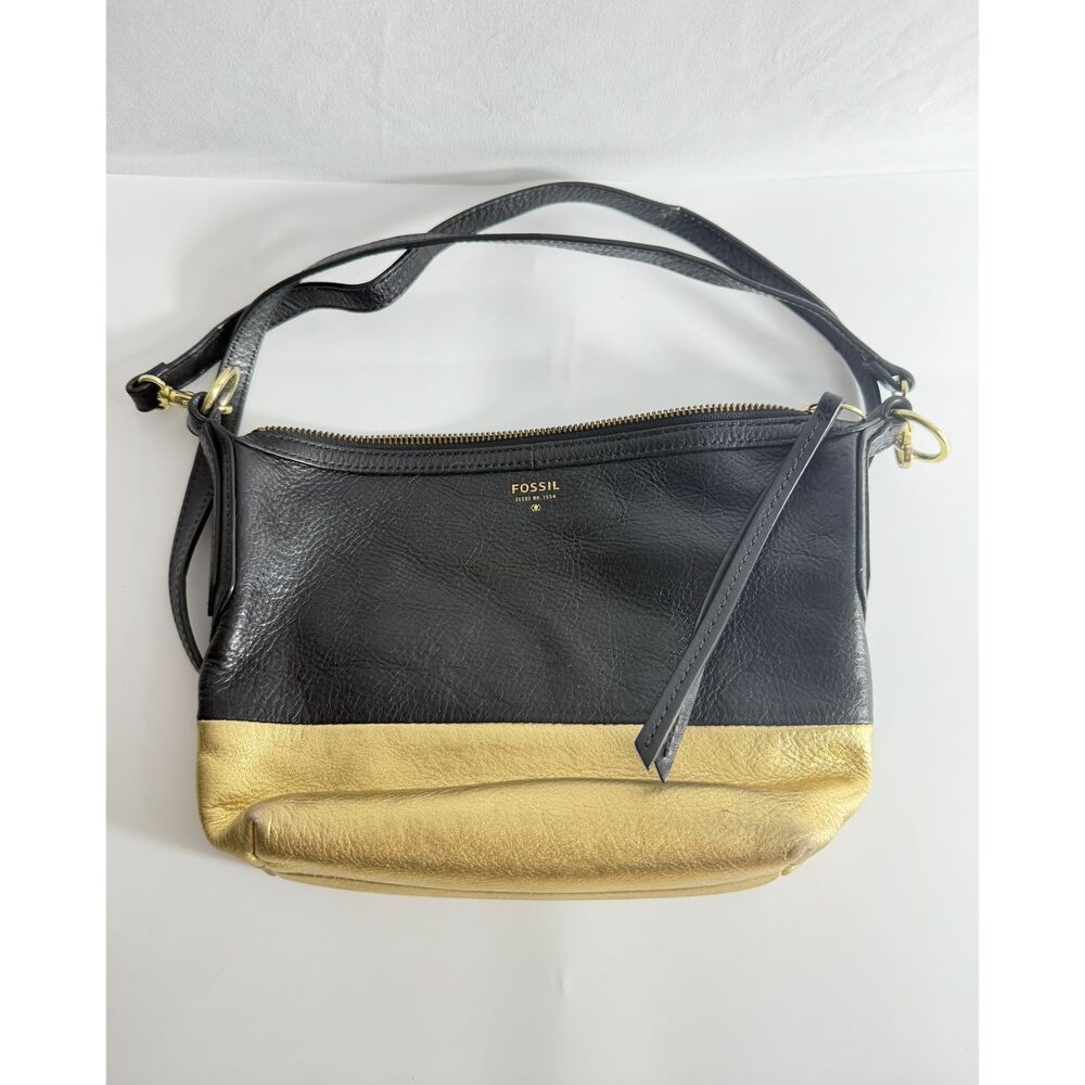 Fossil Stanley 1954 Leather Crossbody Bag Black Gold Vintage Style Purse